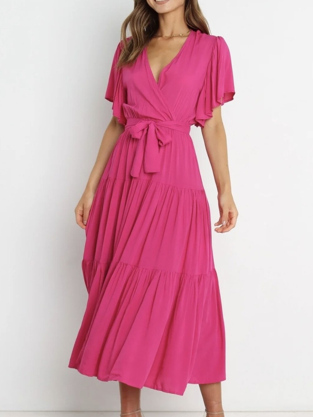 Petal & Pup Flutter Sleeve Wrap Midi Dress in Fuchsia - Picture 4 of 4